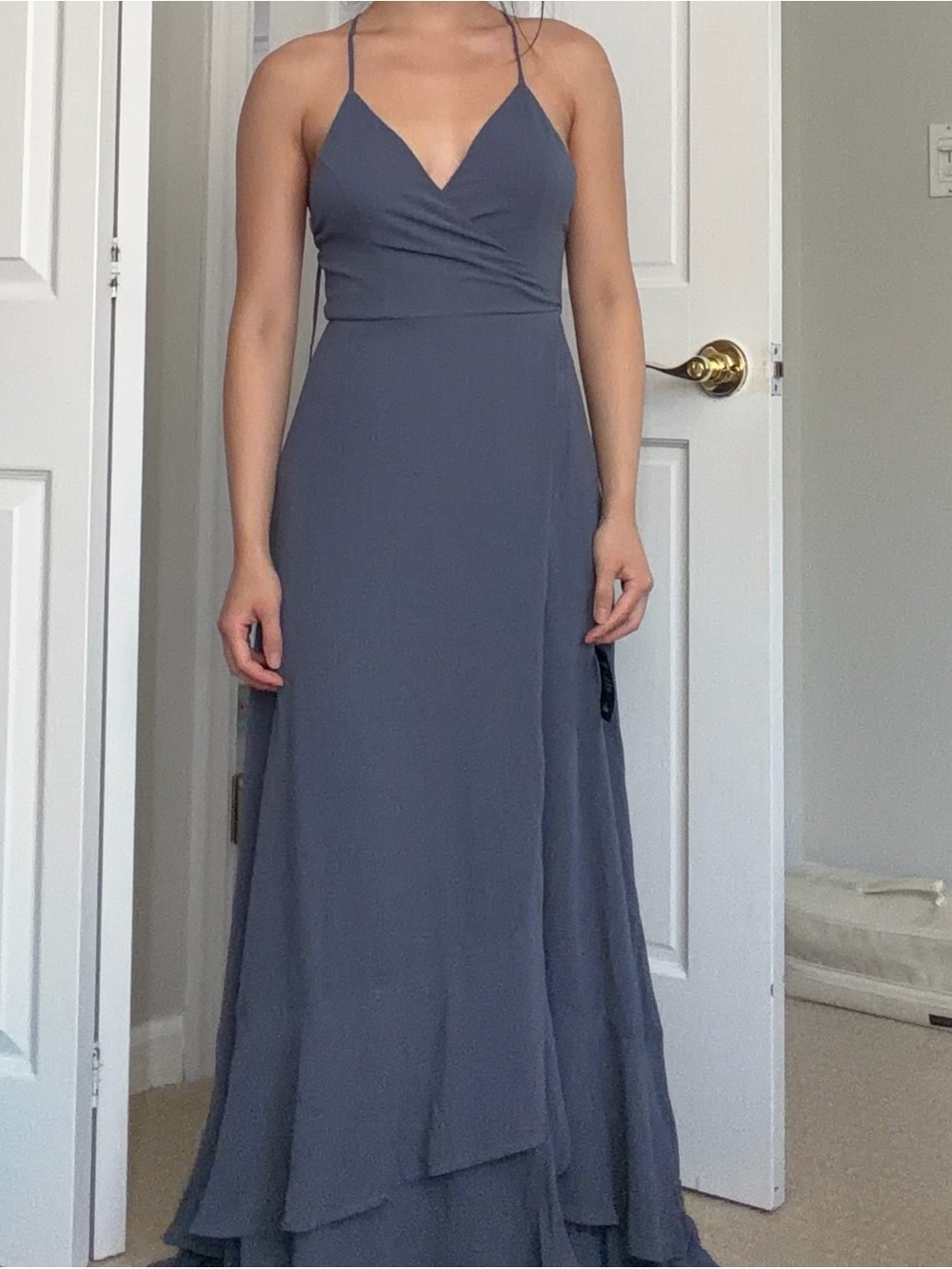 Lulu's Dusty Blue Spaghetti Strap V-Neck Maxi Dress